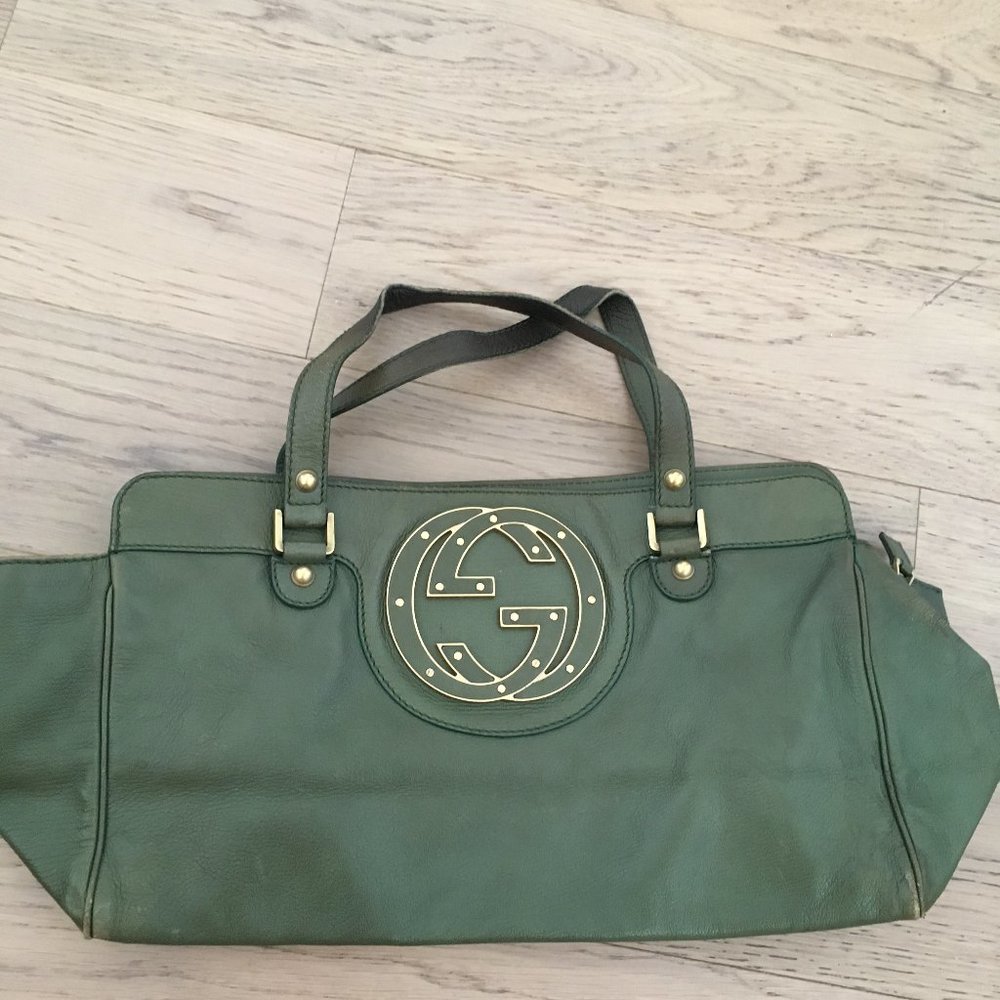 Gucci Green Studded Blondie Satchel Green GG Logo - Picture 2 of 10